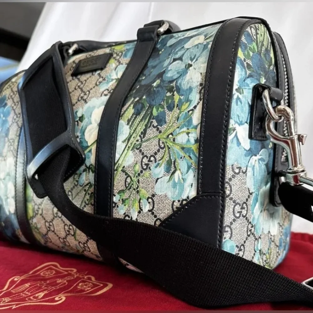 Gucci RARE! Supreme GG Large Signature Blue Blooms on Monogram Boston Satchel